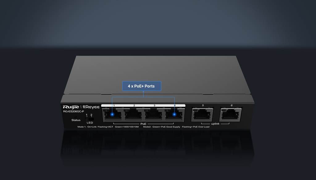 6-Port Gigabit Smart POE Switch, 4 PoE/POE+ Ports with 2 Gigabit RJ45 uplink ports, 54W PoE power budget, Desktop Steel Case